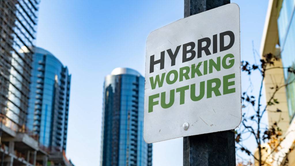city sign saying hybrid working future